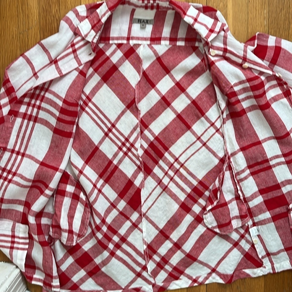 FLAX 100% Linen Red & White Checkered Shirtdress Full Button Front Dress Size P - Picture 9 of 12